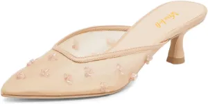 miss left Women Chic Flower Decor Fine Mesh Slip on Mules Pointed Toe Kitten Low Heel Casual Daily Slide Sandals Size 4-16 US