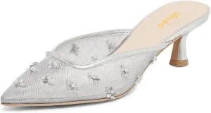miss left Women Chic Flower Decor Fine Mesh Slip on Mules Pointed Toe Kitten Low Heel Casual Daily Slide Sandals Size 4-16 US