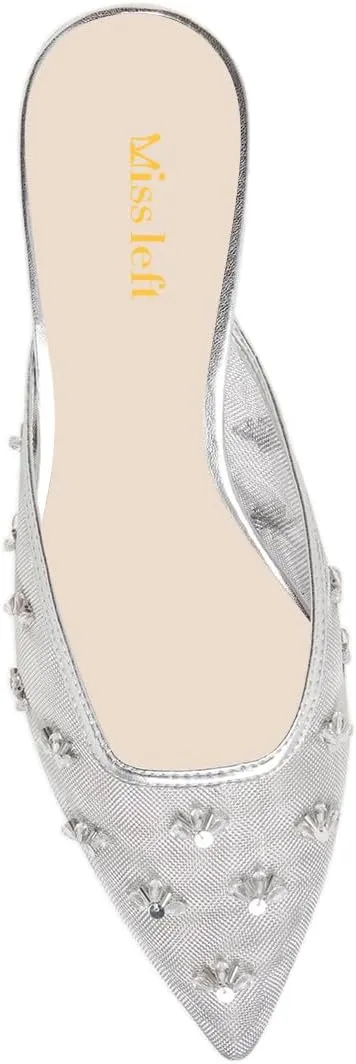 miss left Women Chic Flower Decor Fine Mesh Slip on Mules Pointed Toe Kitten Low Heel Casual Daily Slide Sandals Size 4-16 US