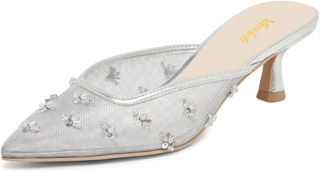 miss left Women Chic Flower Decor Fine Mesh Slip on Mules Pointed Toe Kitten Low Heel Casual Daily Slide Sandals Size 4-16 US