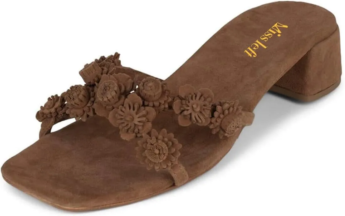 miss left Women Unique Flowers Open Square Toe Mules Block Low Heel Slip on Slippers Comfy Daily Casual Slide Sandals Size 4-16 US