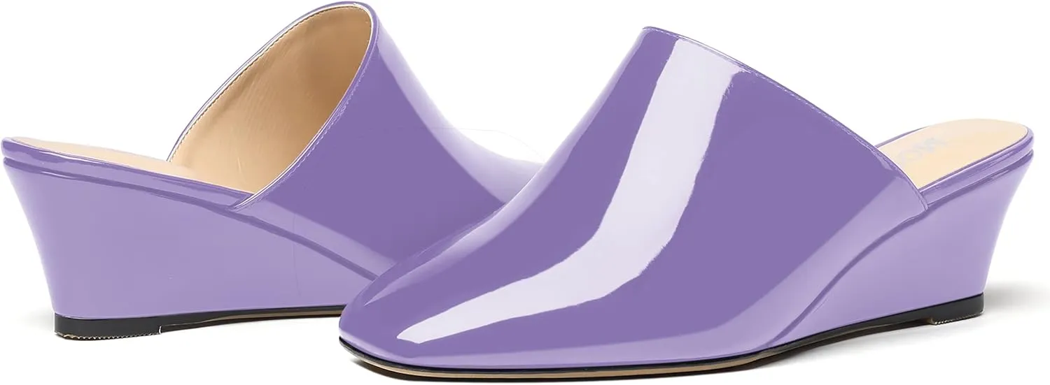 MODENCOCO Women's Slip On Comfortable Patent Dating Casual Square Toe Wedge Low Heel Mules Shoes 2 Inch