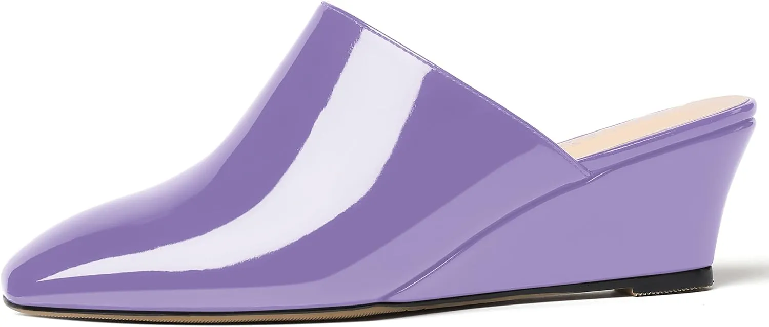 MODENCOCO Women's Slip On Comfortable Patent Dating Casual Square Toe Wedge Low Heel Mules Shoes 2 Inch