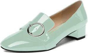 MODENCOCO Women's Slip On Patent Square Toe Chunky Low Heel Pumps Casual Dress Mules Shoes 1.5 Inch