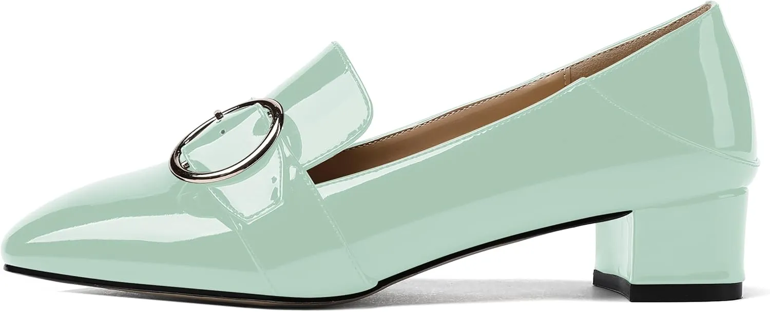 MODENCOCO Women's Slip On Patent Square Toe Chunky Low Heel Pumps Casual Dress Mules Shoes 1.5 Inch