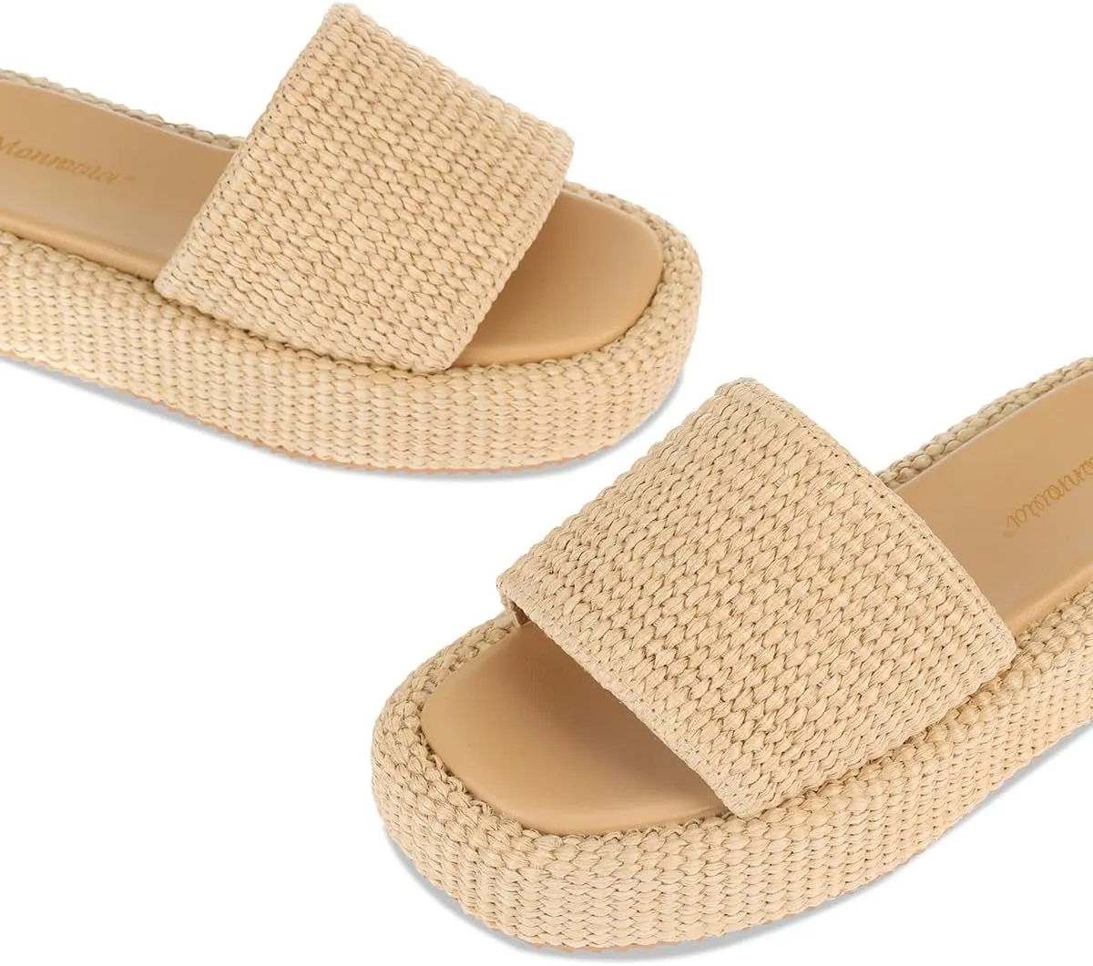 Monrovia Platform Sandals for Women, Wedge Espadrille Slides with Raffia Straw, Comfortable Brown Summer Sandals for Beach, Walking, Camping, Vacation