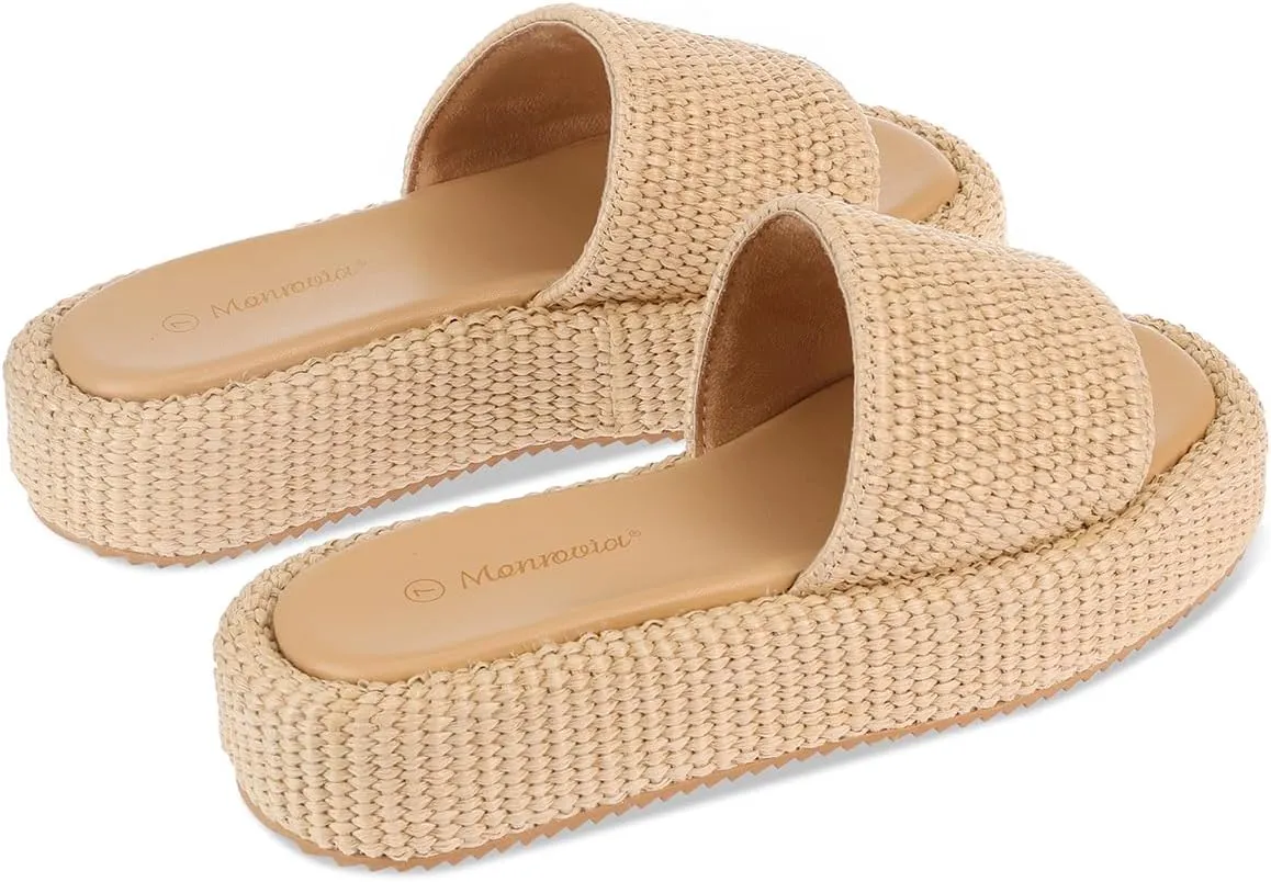Monrovia Platform Sandals for Women, Wedge Espadrille Slides with Raffia Straw, Comfortable Brown Summer Sandals for Beach, Walking, Camping, Vacation