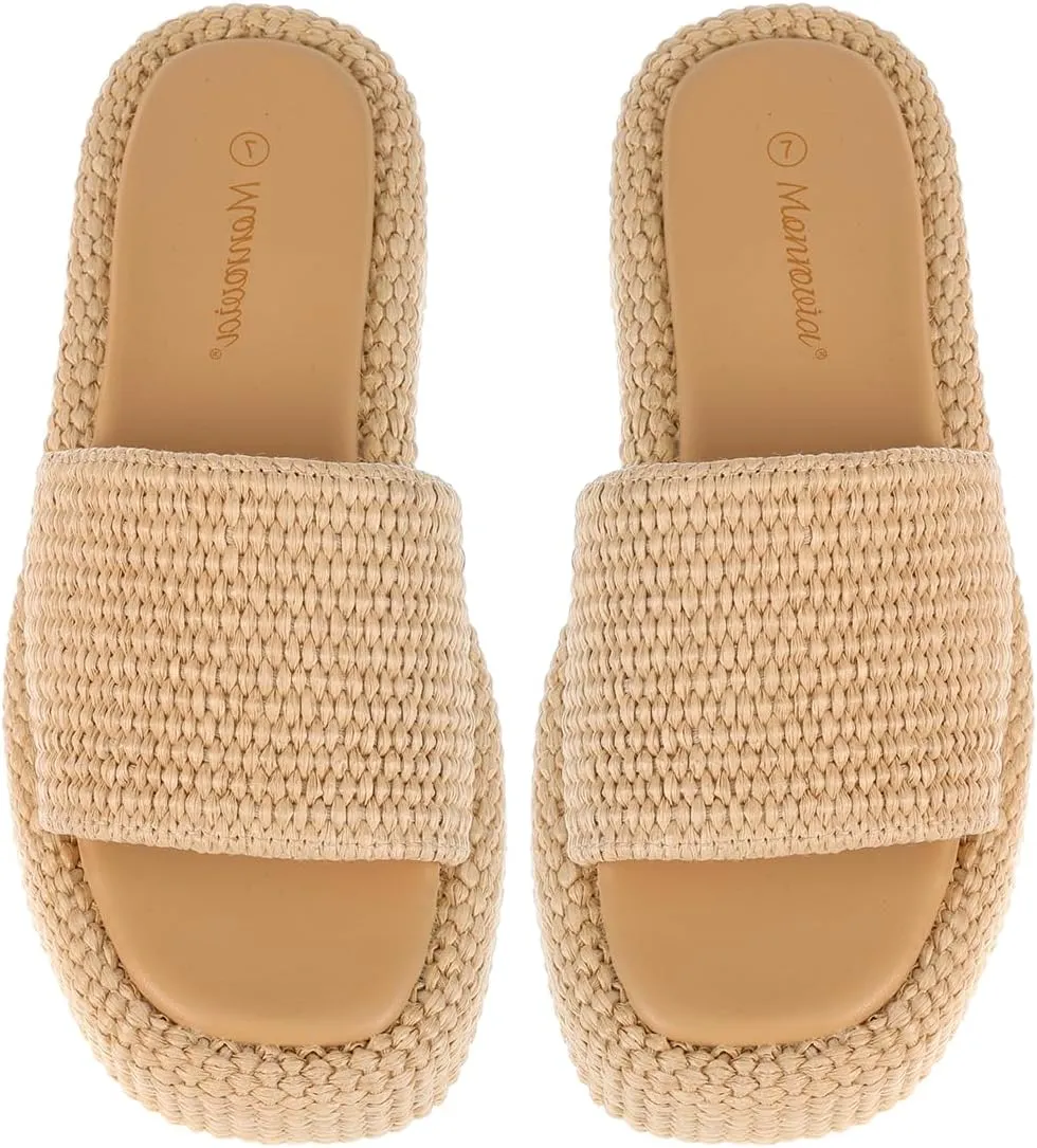 Monrovia Platform Sandals for Women, Wedge Espadrille Slides with Raffia Straw, Comfortable Brown Summer Sandals for Beach, Walking, Camping, Vacation