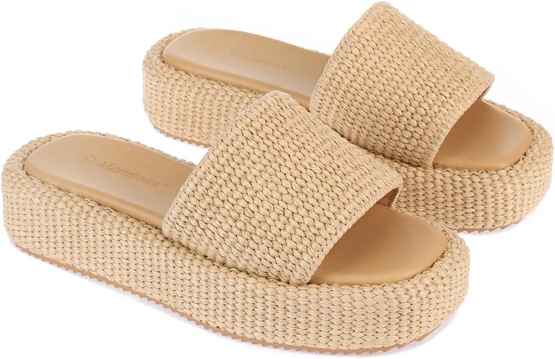 Monrovia Platform Sandals for Women, Wedge Espadrille Slides with Raffia Straw, Comfortable Brown Summer Sandals for Beach, Walking, Camping, Vacation