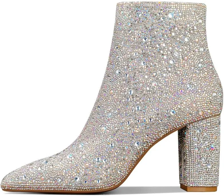 MSONLYDN Rhinestone Sparkle Boots for Women Pointed Toe Chunky Heel Sparkly Glitter Cowgirl Ankle Boots Mid Calf Pull-On