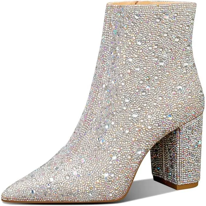 MSONLYDN Rhinestone Sparkle Boots for Women Pointed Toe Chunky Heel Sparkly Glitter Cowgirl Ankle Boots Mid Calf Pull-On