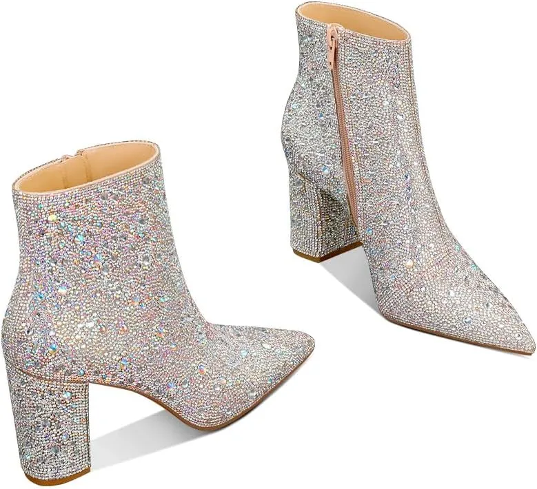 MSONLYDN Rhinestone Sparkle Boots for Women Pointed Toe Chunky Heel Sparkly Glitter Cowgirl Ankle Boots Mid Calf Pull-On