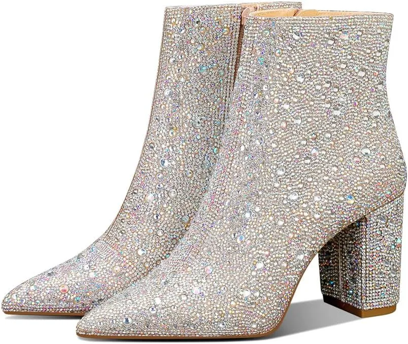 MSONLYDN Rhinestone Sparkle Boots for Women Pointed Toe Chunky Heel Sparkly Glitter Cowgirl Ankle Boots Mid Calf Pull-On