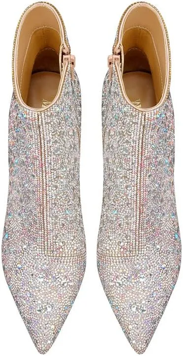 MSONLYDN Rhinestone Sparkle Boots for Women Pointed Toe Chunky Heel Sparkly Glitter Cowgirl Ankle Boots Mid Calf Pull-On