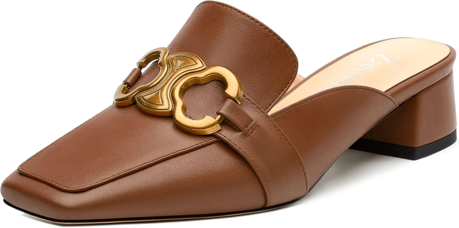 Mules Shoes for Women, Women's Chunky Mules Square Toe Slip on Comfortable Dress Casual Low Heel Metal Buckle Backless Slides Loafer Shoes 1.4 Inch