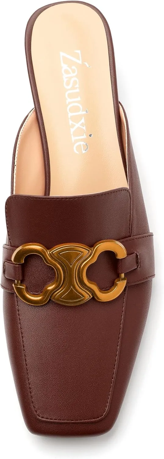 Mules Shoes for Women, Women's Chunky Mules Square Toe Slip on Comfortable Dress Casual Low Heel Metal Buckle Backless Slides Loafer Shoes 1.4 Inch