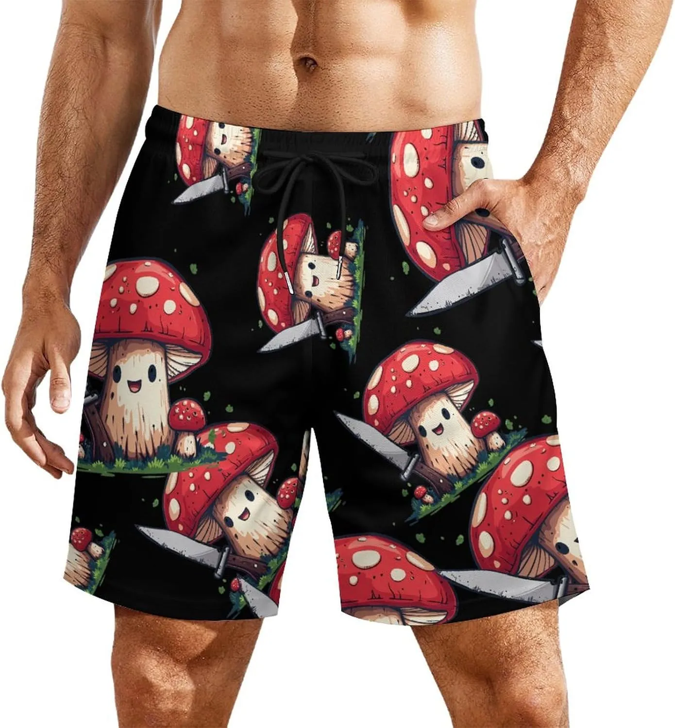 Mushroom with A Knife Men's Swim Trunks Quick Dry Board Shorts Swimwear Beach Shorts with Compression Liner