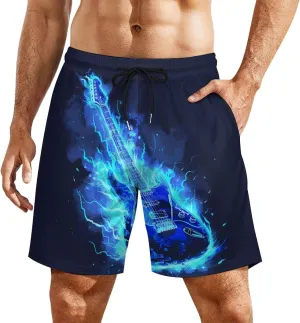 Music Blue Electric Guitar Men's Swim Trunks Quick Dry Board Shorts Swimwear Beach Shorts with Compression Liner