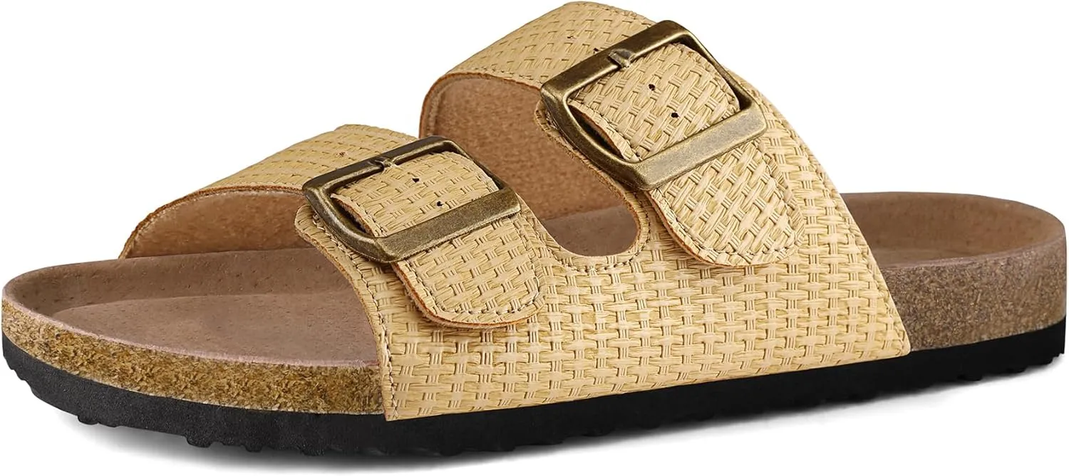 mysoft Womens Flat Sandals Cork Footbed Slides 2 Straps Adjustable Buckle Slip On Summer with  Comfort Shoes