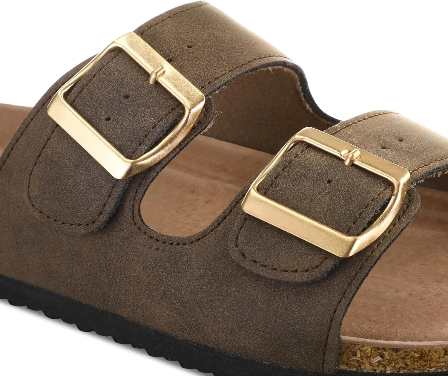 mysoft Womens Flat Sandals Cork Footbed Slides 2 Straps Adjustable Buckle Slip On Summer with  Comfort Shoes
