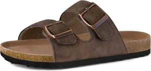 mysoft Womens Flat Sandals Cork Footbed Slides 2 Straps Adjustable Buckle Slip On Summer with  Comfort Shoes