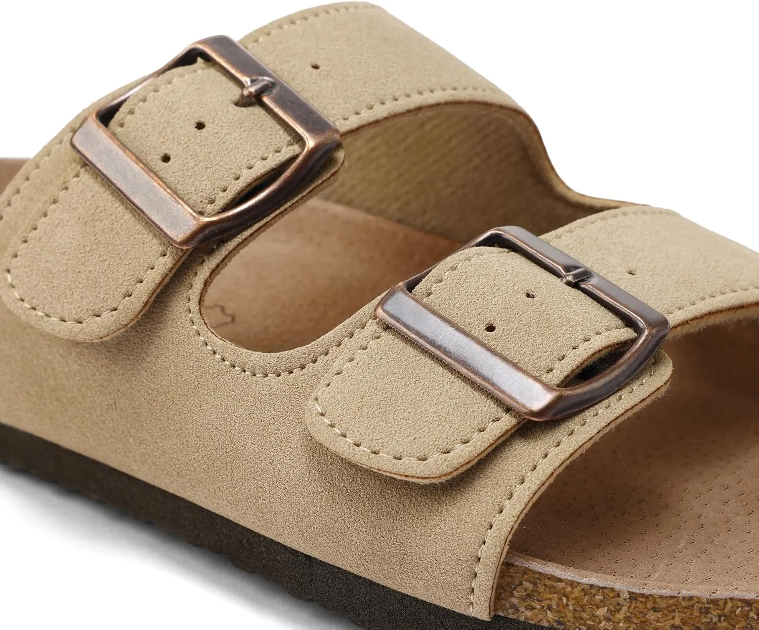 mysoft Womens Flat Sandals Cork Footbed Slides 2 Straps Adjustable Buckle Slip On Summer with  Comfort Shoes
