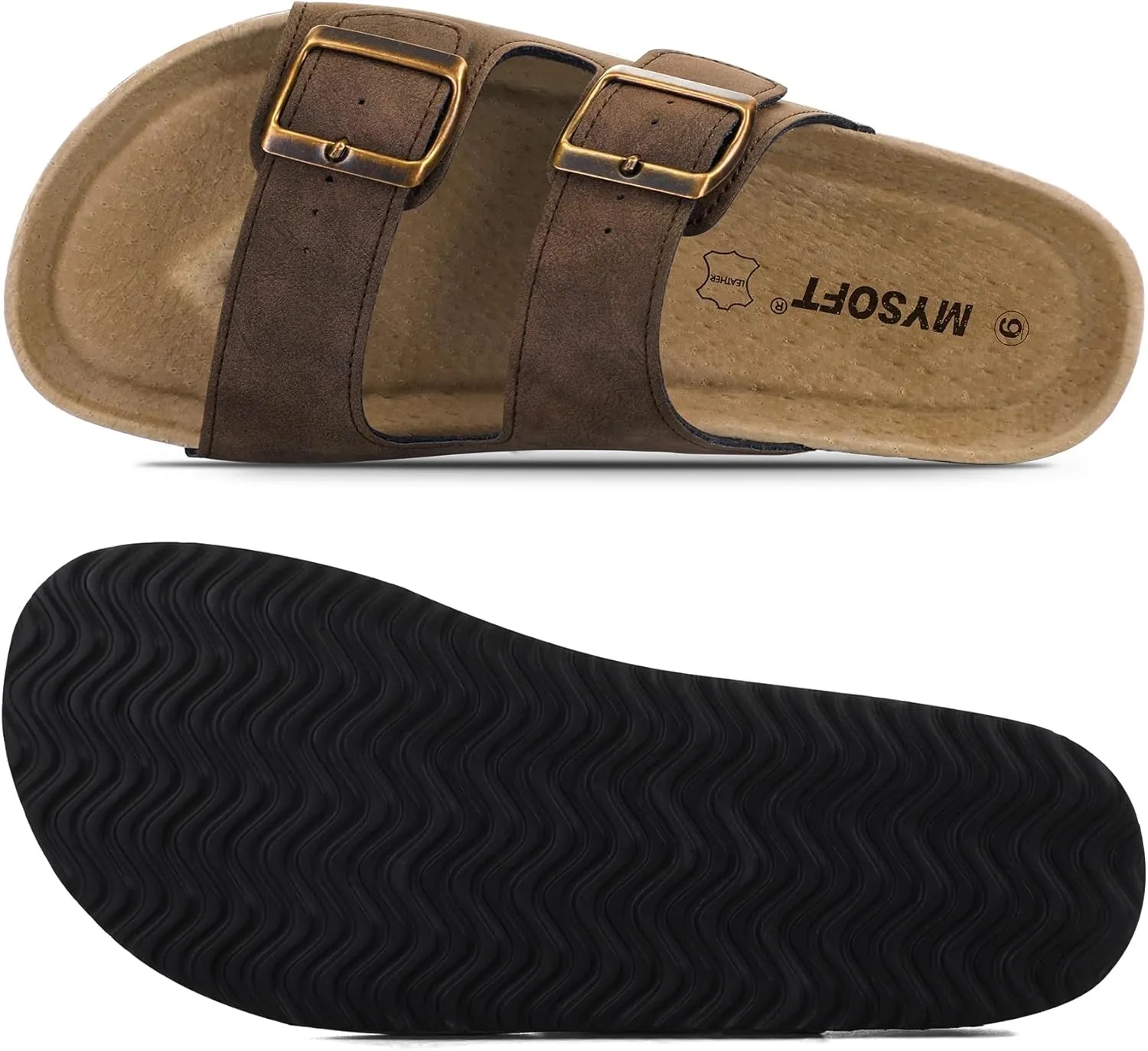 mysoft Womens Flat Sandals Cork Footbed Slides 2 Straps Adjustable Buckle Slip On Summer with  Comfort Shoes