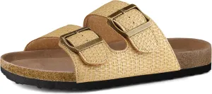 mysoft Womens Flat Sandals Cork Footbed Slides 2 Straps Adjustable Buckle Slip On Summer with  Comfort Shoes