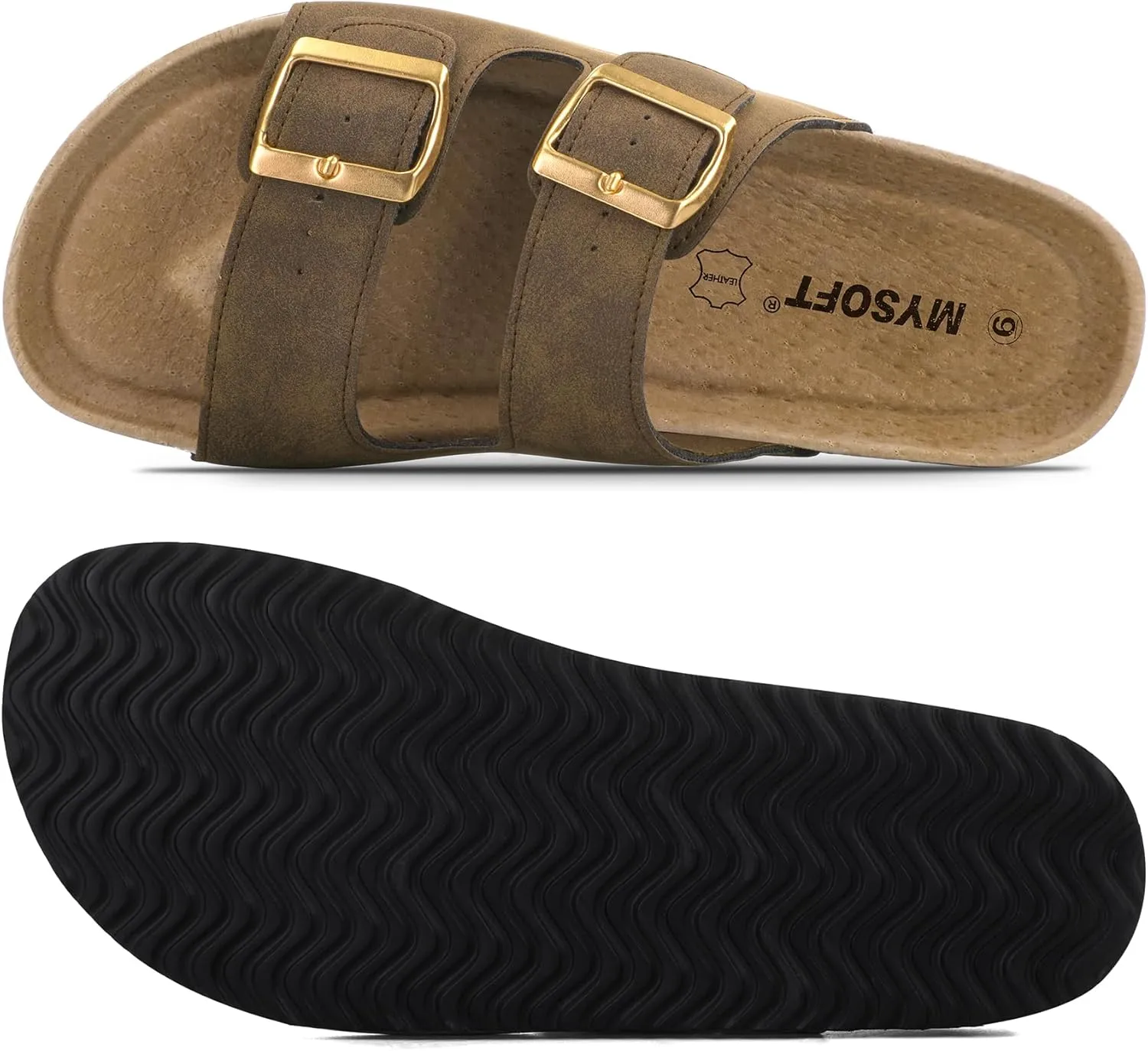 mysoft Womens Flat Sandals Cork Footbed Slides 2 Straps Adjustable Buckle Slip On Summer with  Comfort Shoes