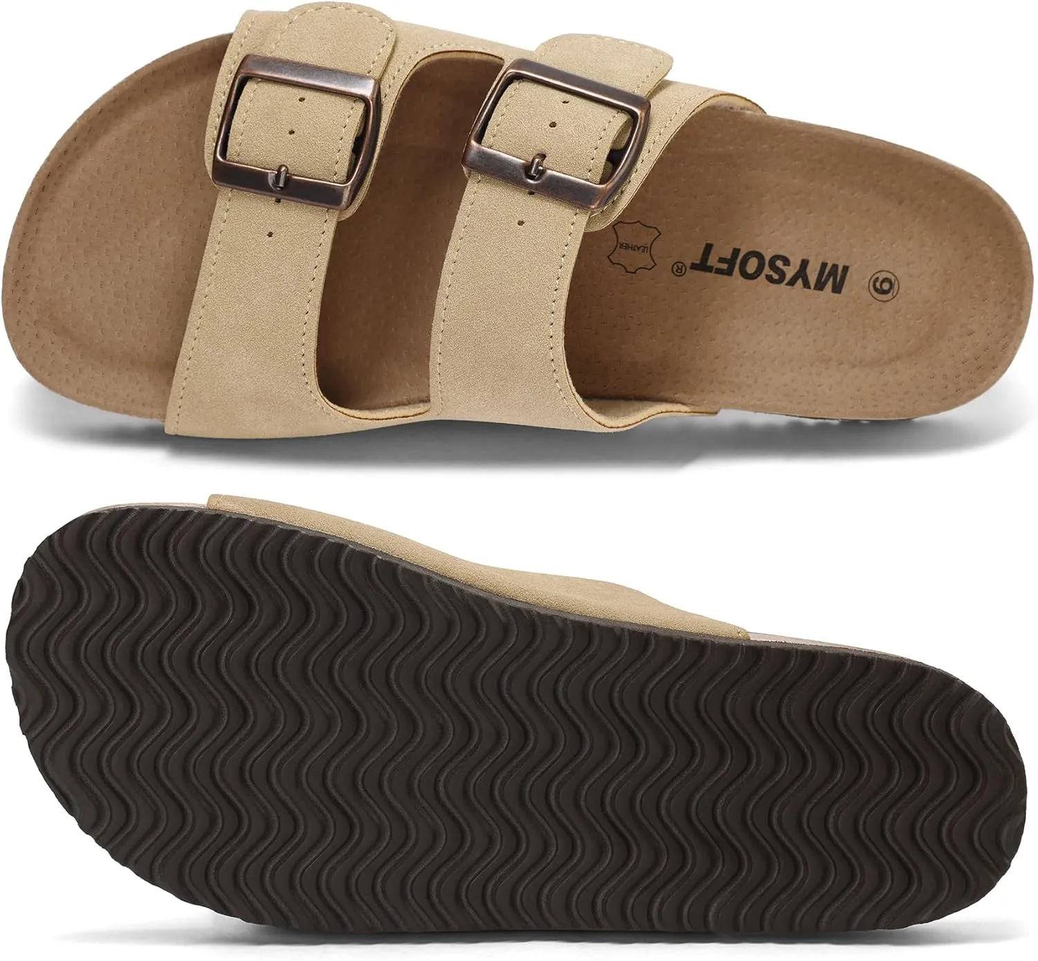 mysoft Womens Flat Sandals Cork Footbed Slides 2 Straps Adjustable Buckle Slip On Summer with  Comfort Shoes