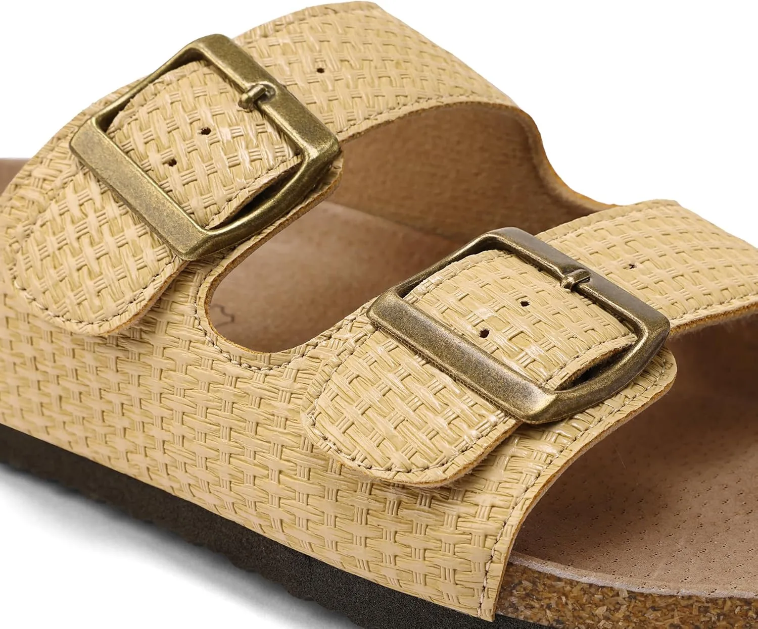 mysoft Womens Flat Sandals Cork Footbed Slides 2 Straps Adjustable Buckle Slip On Summer with  Comfort Shoes