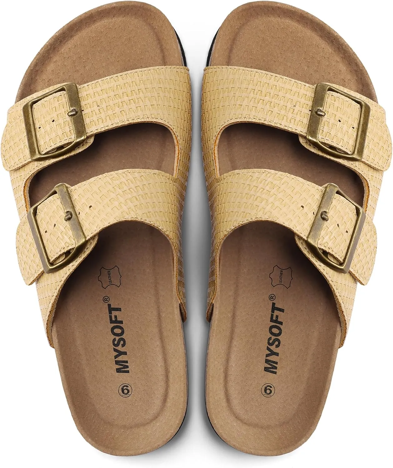 mysoft Womens Flat Sandals Cork Footbed Slides 2 Straps Adjustable Buckle Slip On Summer with  Comfort Shoes