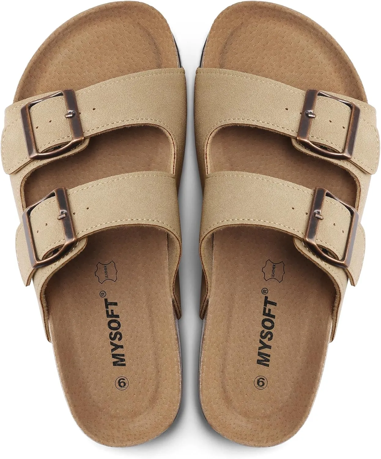 mysoft Womens Flat Sandals Cork Footbed Slides 2 Straps Adjustable Buckle Slip On Summer with  Comfort Shoes