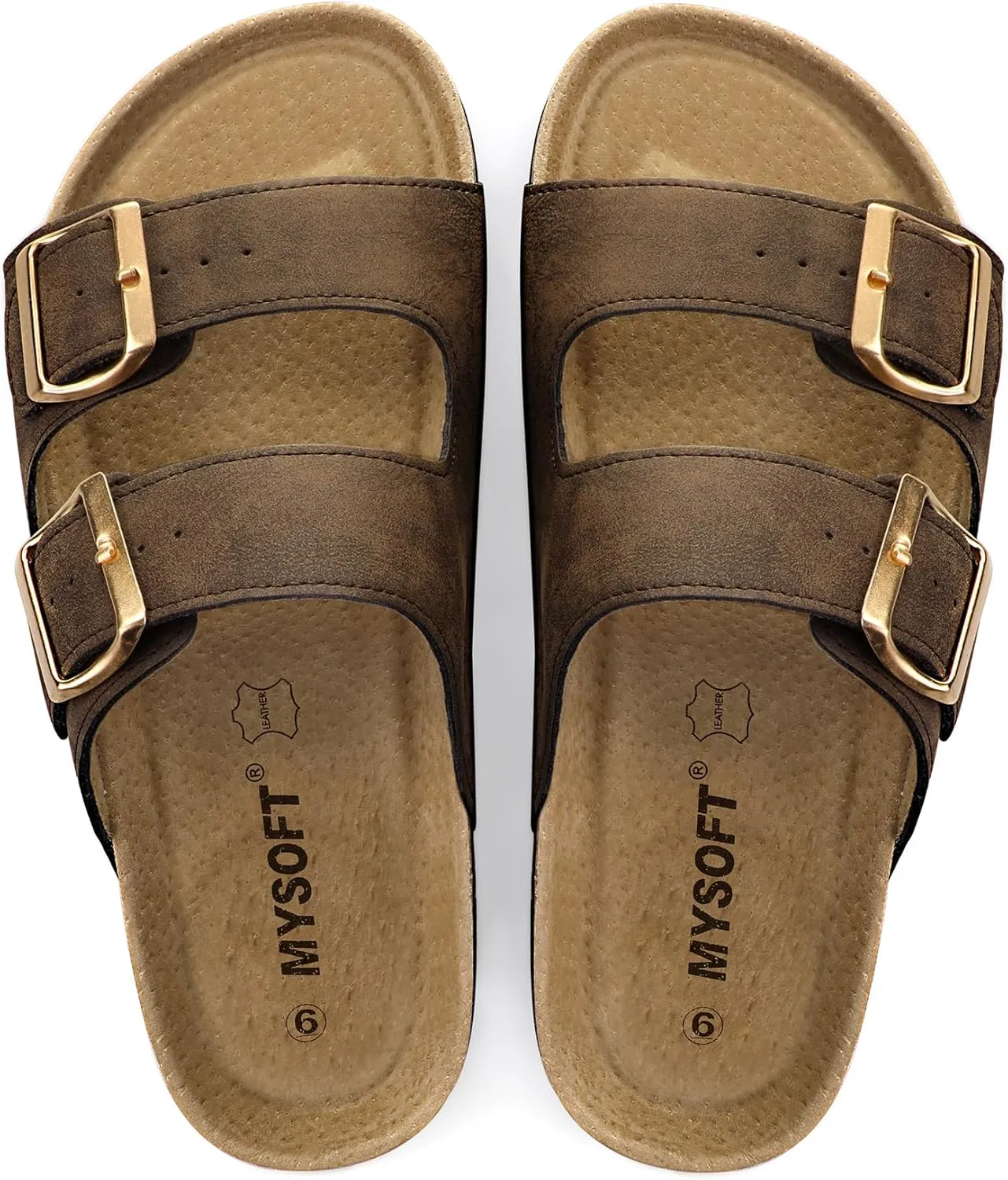 mysoft Womens Flat Sandals Cork Footbed Slides 2 Straps Adjustable Buckle Slip On Summer with  Comfort Shoes