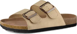 mysoft Womens Flat Sandals Cork Footbed Slides 2 Straps Adjustable Buckle Slip On Summer with  Comfort Shoes
