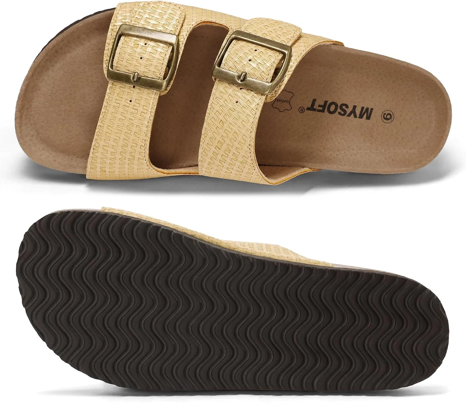 mysoft Womens Flat Sandals Cork Footbed Slides 2 Straps Adjustable Buckle Slip On Summer with  Comfort Shoes