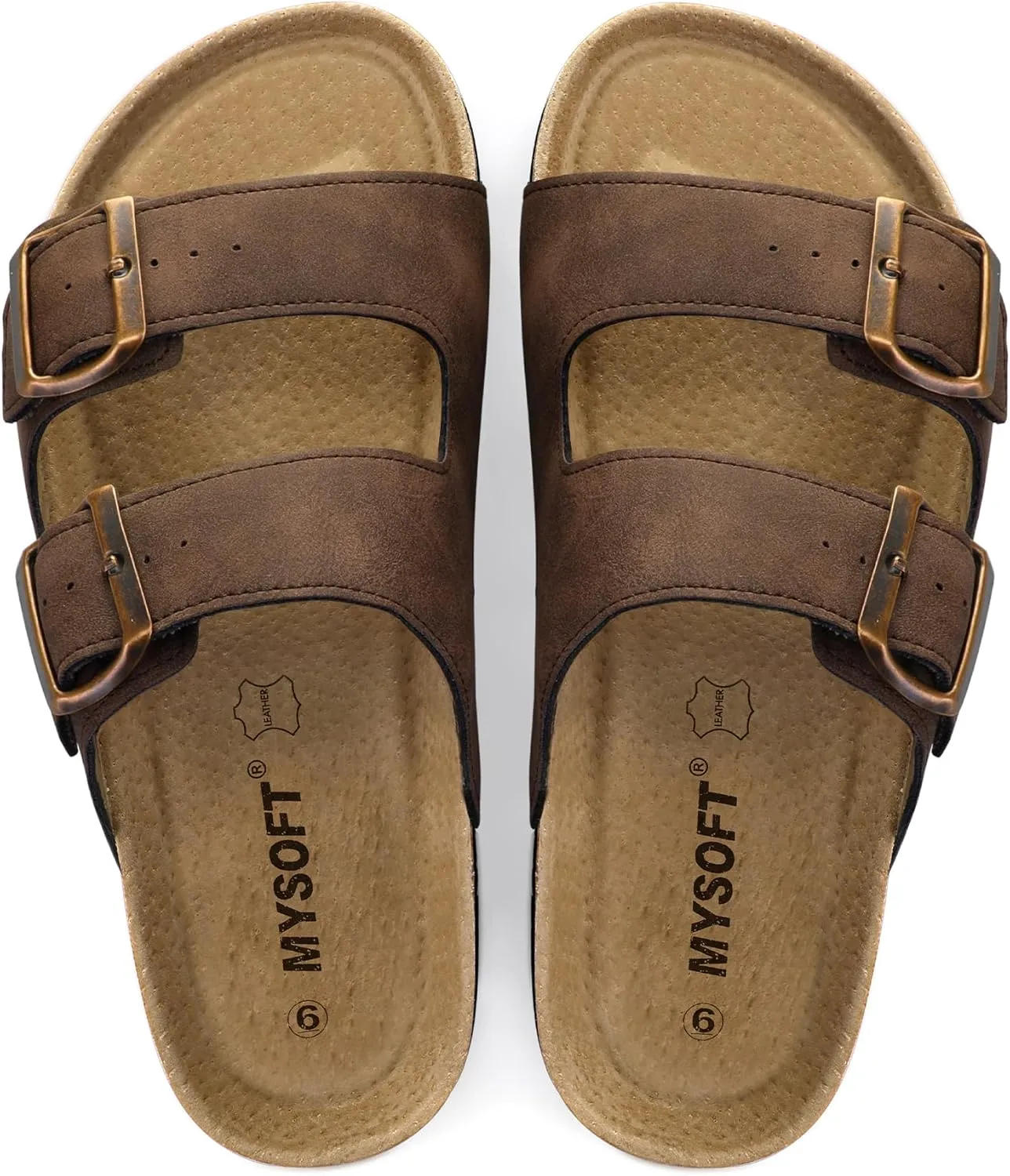 mysoft Womens Flat Sandals Cork Footbed Slides 2 Straps Adjustable Buckle Slip On Summer with  Comfort Shoes