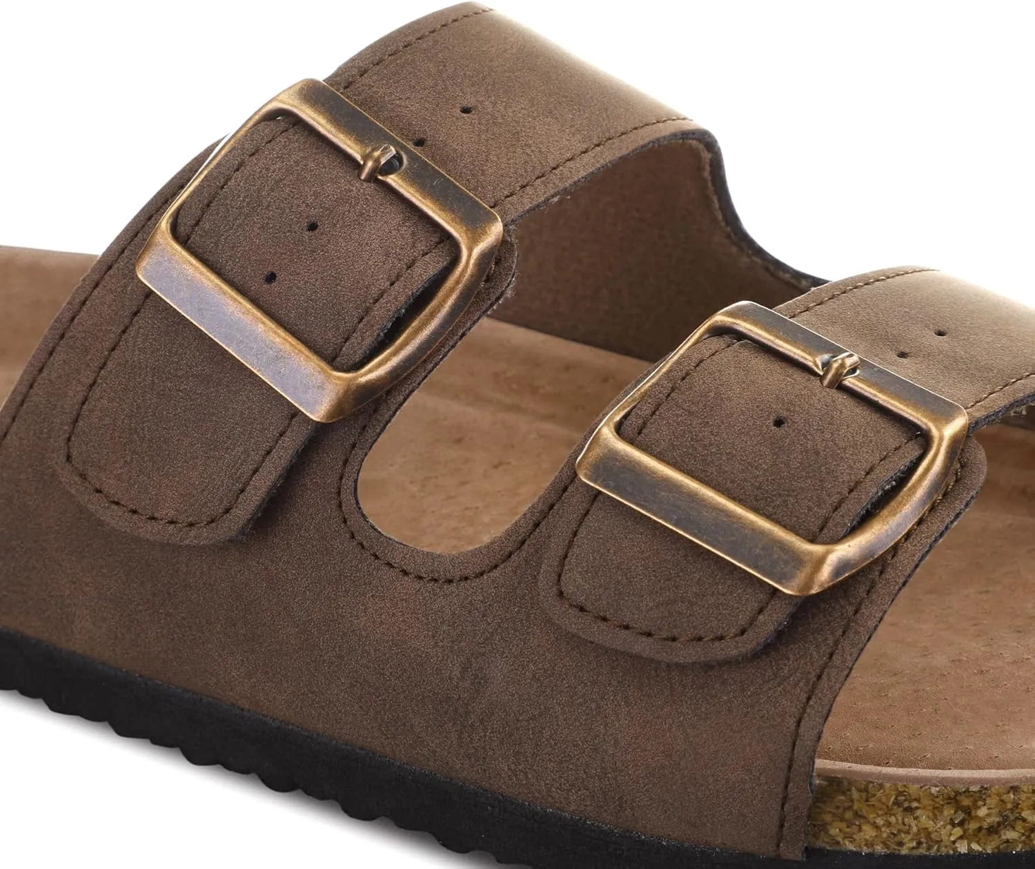 mysoft Womens Flat Sandals Cork Footbed Slides 2 Straps Adjustable Buckle Slip On Summer with  Comfort Shoes