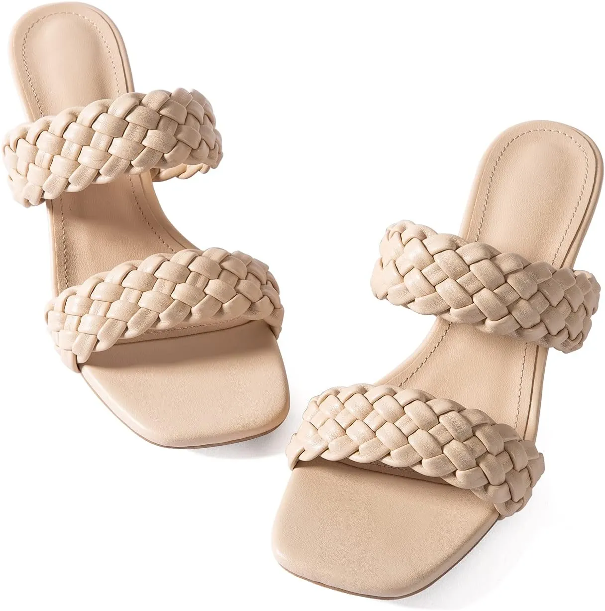N.N.G Women Heels Sandals Braided Block Nude Summer Chunky Square Leather Woven Comfort Strappy Dress Casual Pumps Mules