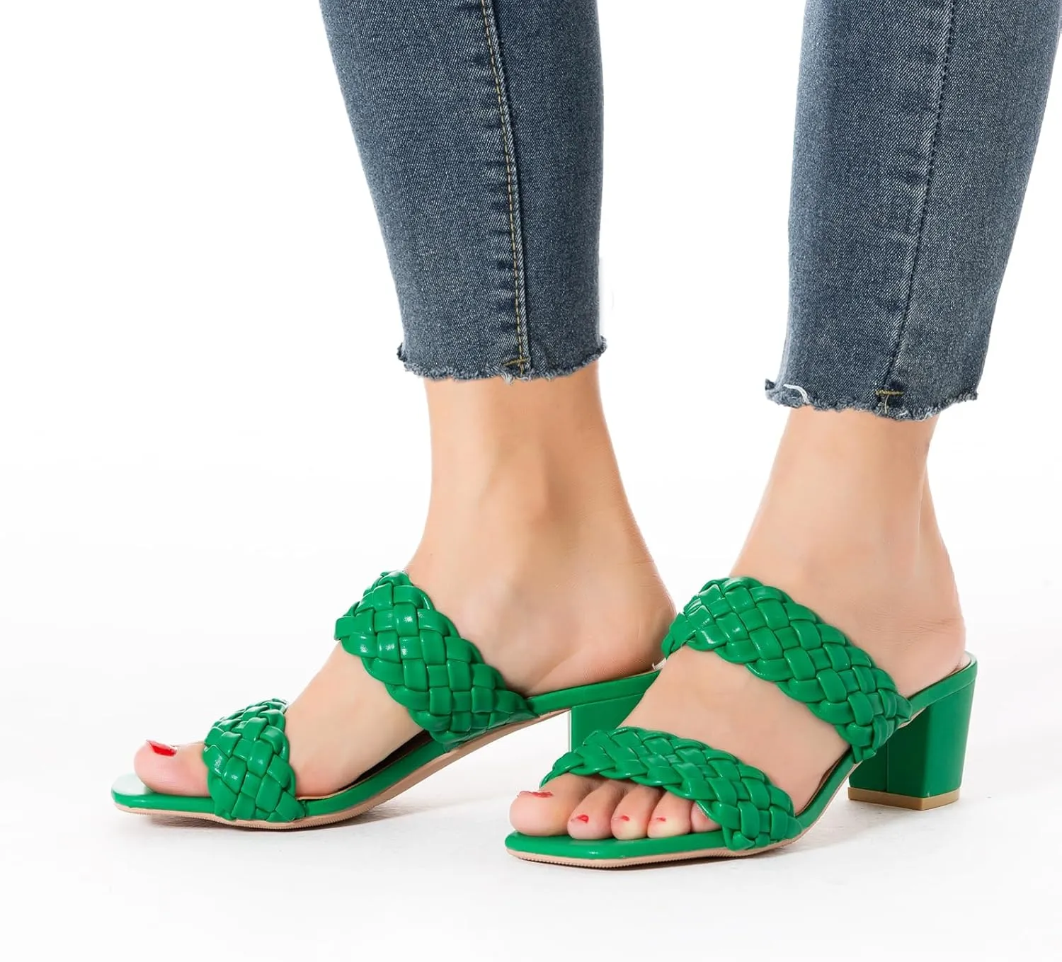 N.N.G Women Heels Sandals Braided Block Nude Summer Chunky Square Leather Woven Comfort Strappy Dress Casual Pumps Mules