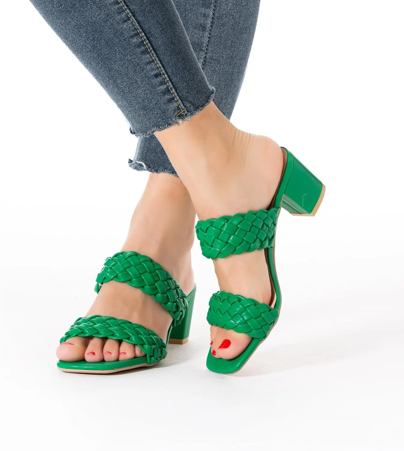 N.N.G Women Heels Sandals Braided Block Nude Summer Chunky Square Leather Woven Comfort Strappy Dress Casual Pumps Mules