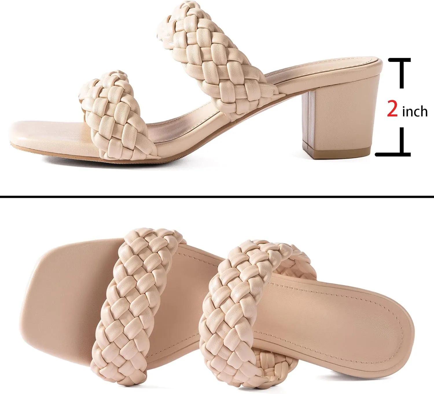 N.N.G Women Heels Sandals Braided Block Nude Summer Chunky Square Leather Woven Comfort Strappy Dress Casual Pumps Mules