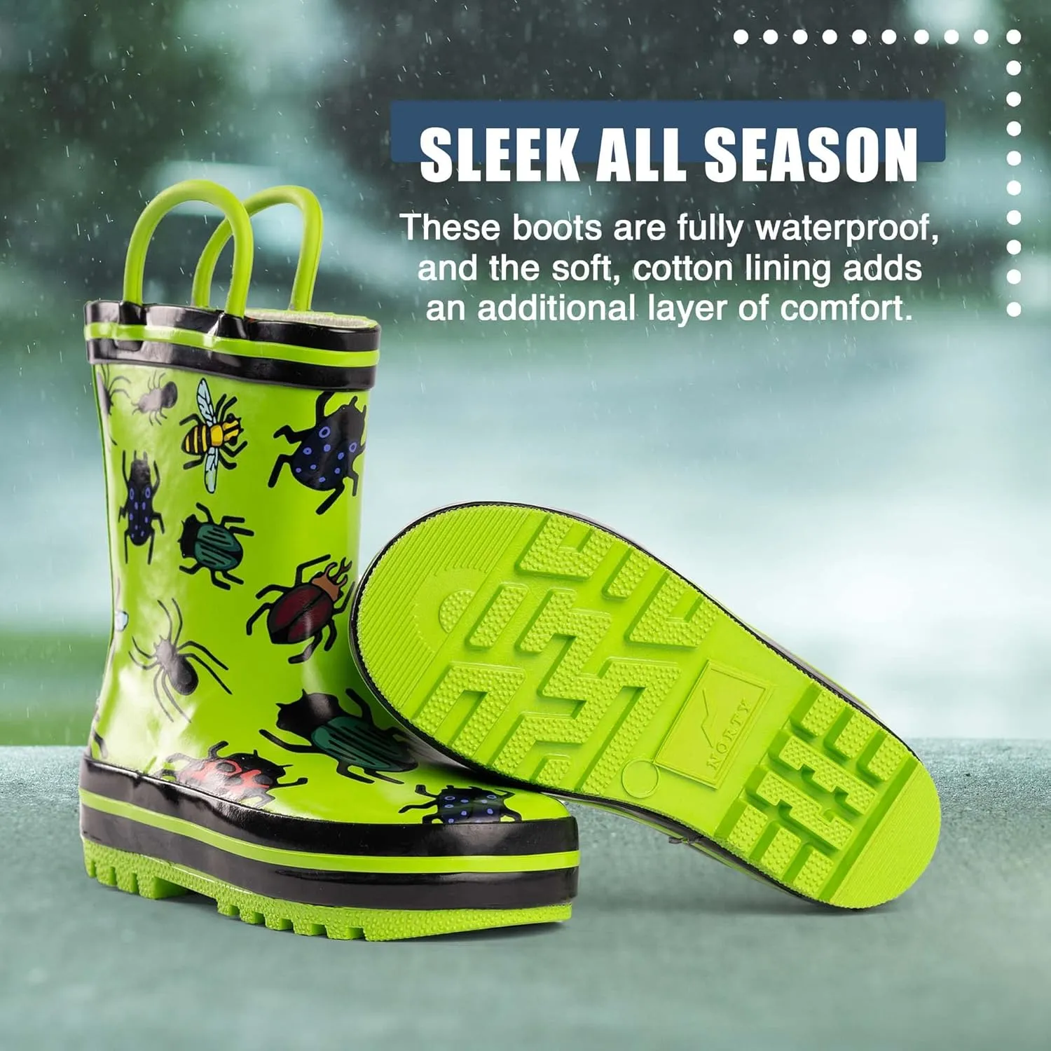 NORTY Rubber Rain Boots for Kids - Waterproof Rubber Boots Boys and Girls Solid & Printed Rainboots for Toddlers and Kids