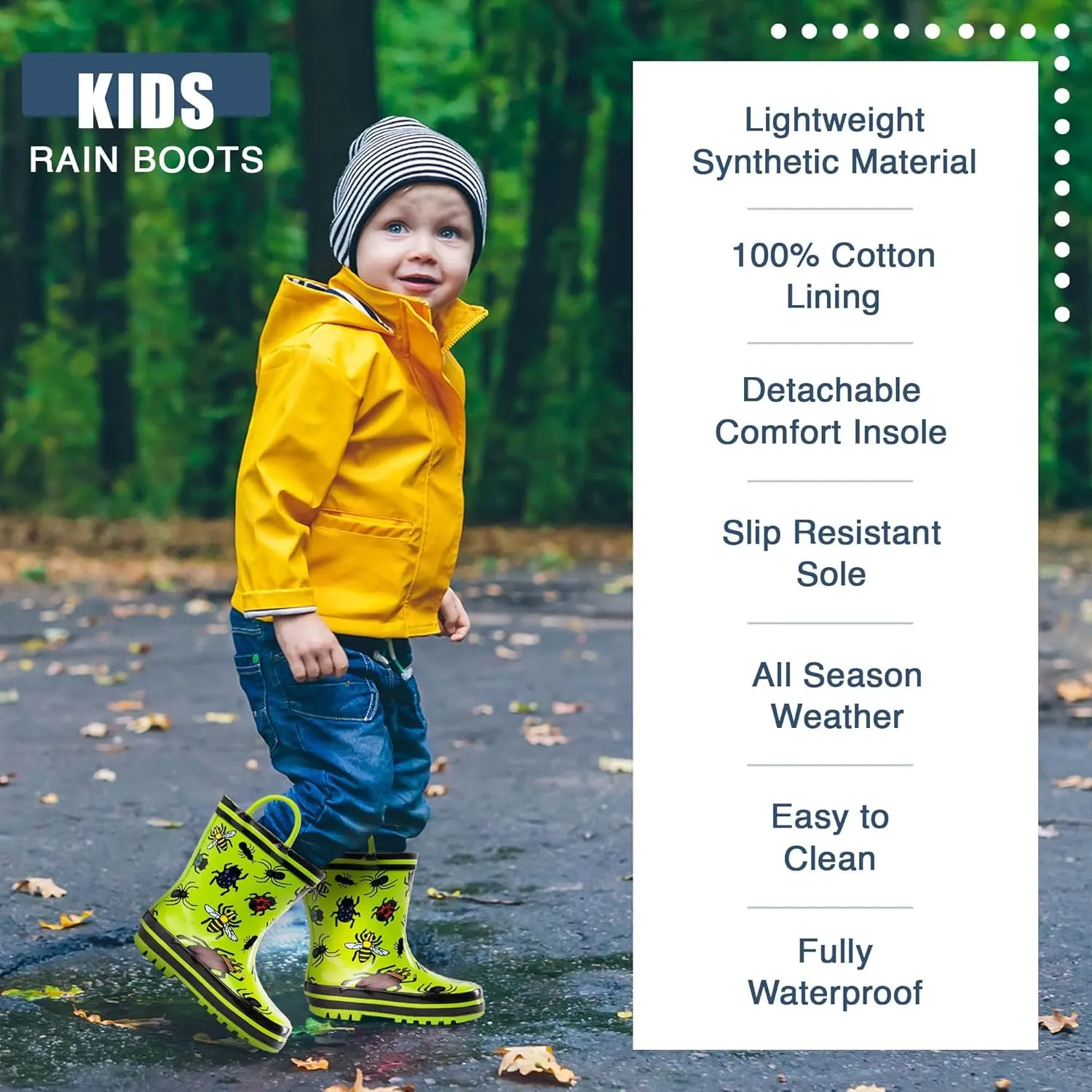 NORTY Rubber Rain Boots for Kids - Waterproof Rubber Boots Boys and Girls Solid & Printed Rainboots for Toddlers and Kids