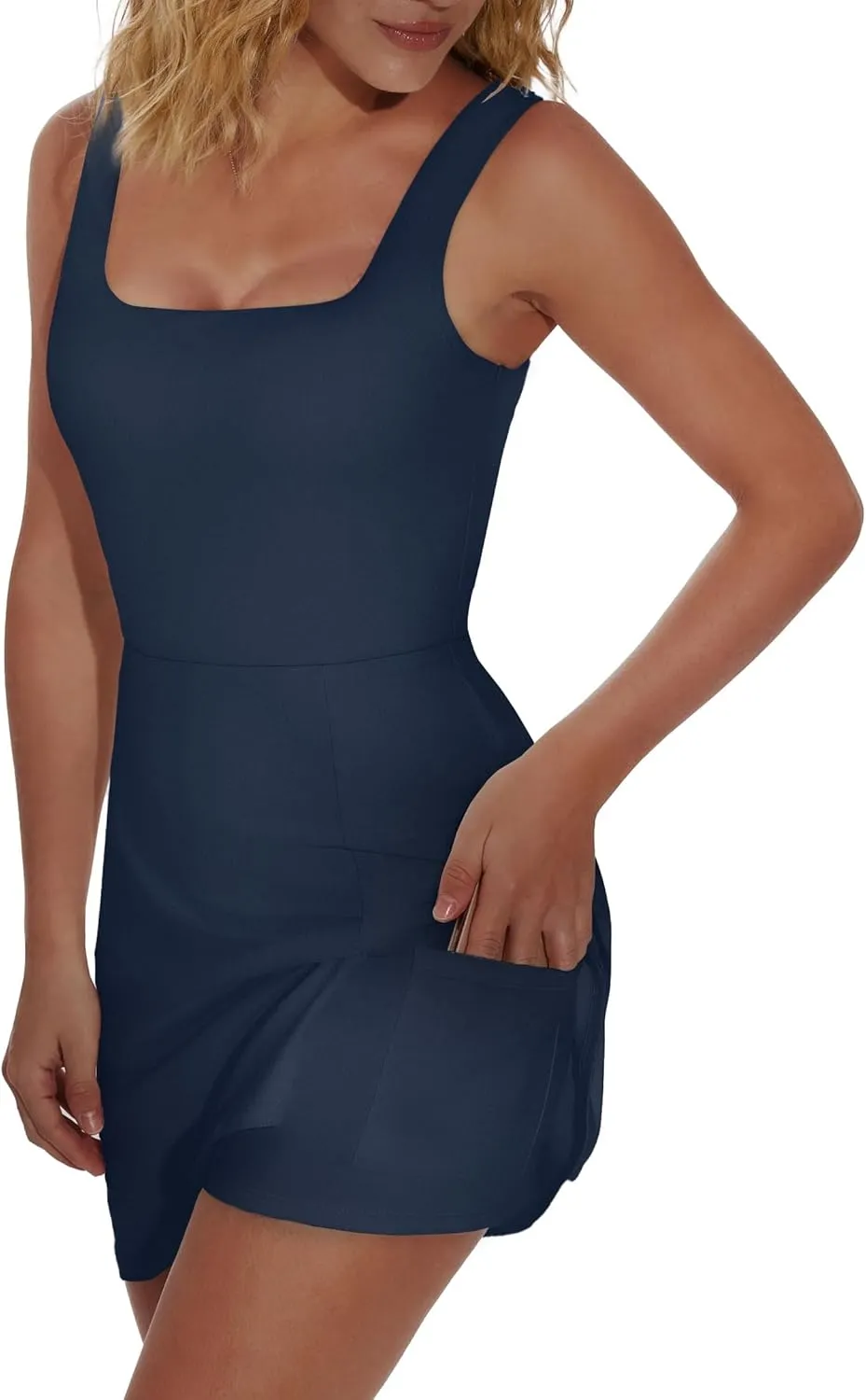 OFEEFAN Athletic Dress for Women Mini U Neck Sleeveless Built in Shorts with Pockets Tennis Golf Graduation
