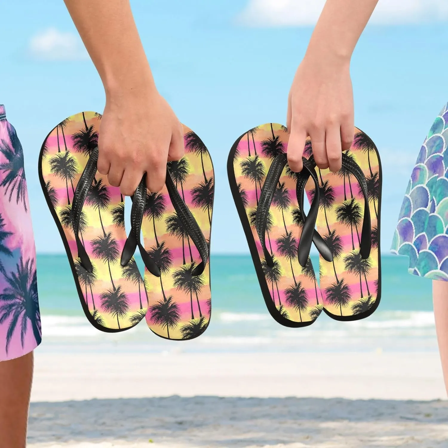 Palm Trees Sunset Stripe Flip Flops for Beach Thong Sandals Anti-slip Lightweight Beach Shoes for Travel Summer Outdoor