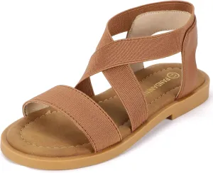 PANDANINJIA Girls Sandals Slip-on Elastic Ankle Cross Strappy Gladiator Dress Sandals Flats Summer Shoes Little Big Kids Sandals