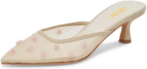 Pazzion Women Fashion Crystals Flower Pointed Toe Kitten Heel Mules Slip On Low Heels Mesh Slide Sandals Daily Wear Party Dress Size 4-16 US