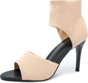 Peep Toe Heels for Women Sexy 3 Inches Stiletto High Heels for Women Dressy Slip On Comfortable Wide Stretchy Heels Knit Open Toe Booties Sandals Black Heels Sandals for Prom, Party and Work
