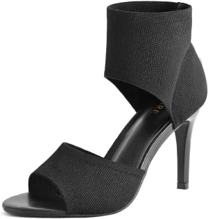 Peep Toe Heels for Women Sexy 3 Inches Stiletto High Heels for Women Dressy Slip On Comfortable Wide Stretchy Heels Knit Open Toe Booties Sandals Black Heels Sandals for Prom, Party and Work